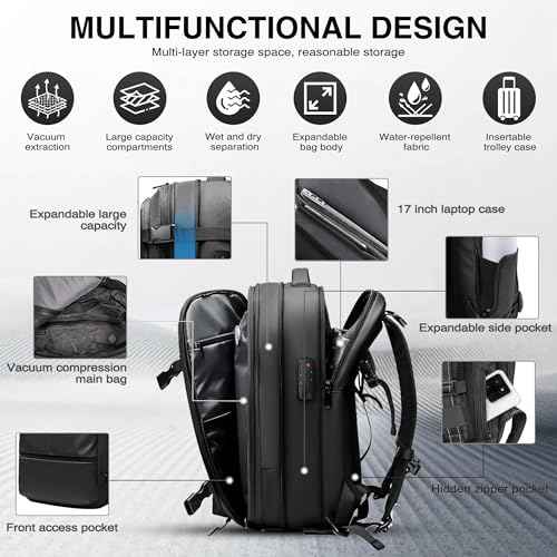 Vacuum Backpack Travel, Vacuum Compression Travel Backpack with Pump, Water Resistant & TSA Anti Theft, Ideal for Travel/Camping/Laptop (With Electric Air Pump & Black)