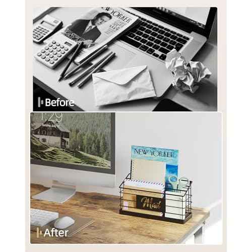 Mail Organizer Wall Mounted, 3-Slot Mail Holder, Mail Sorter for Desk, Desktop Mail Basket, Mail Organizer Countertop, Hanging Mail Basket with Key Holder for File Paper Folder
