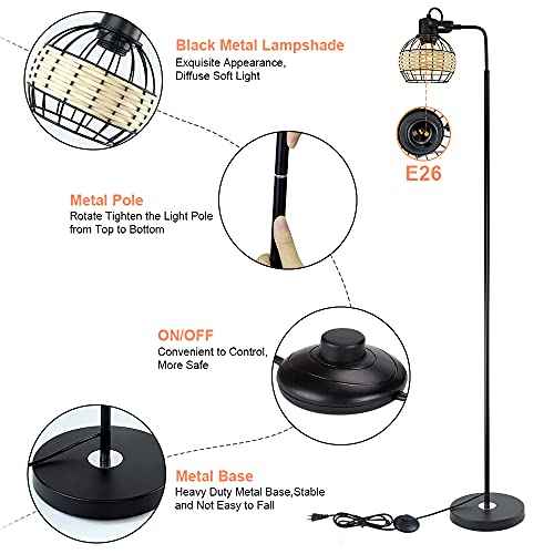 DLLT LED Floor Lamp, Adjustable Head Standing Lamp with Heavy Metal Based, Farmhouse Tall Rattan Floor Lamps Reading Lighting for Living Room, Bedroom, Study Room, Office, 8W 3000K E26 Bulb Included