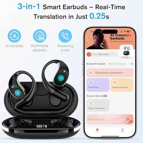 AI Translation Earbuds Real-Time, 3-in-1 Translator Earbuds 144 Languages & Accents, Open Ear Wireless Bluetooth 5.3 Headphones with 4 Modes, No Subscription, for iOS Android Travel Business, Black