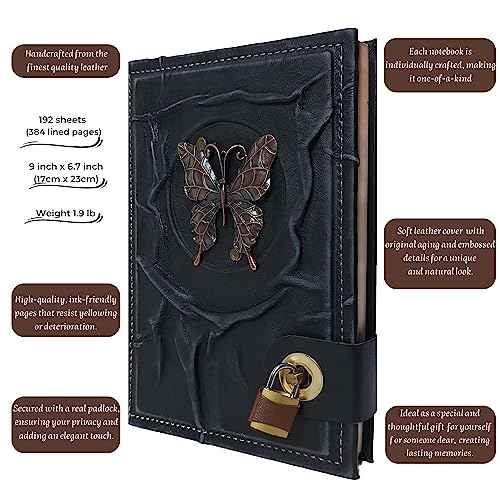 Fairy Butterfly Figured Locked Genuine Leather Notebook Diary, Handmade Journal With Lock, Secured Lockable Real Padlock, 9x6.7 Inches, College Poetry Sketch Book, Birthday, Anniversaries.