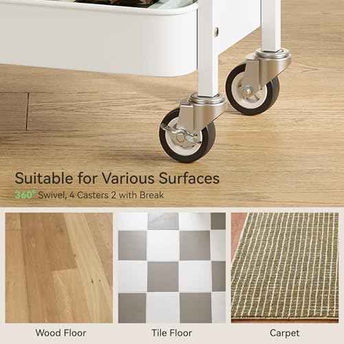 3 Tier Rolling Cart,Utility Cart with Locking Wheels, Hanging Cups,&Hooks, Heavy Duty Metal Storage Organizer Cart for Kitchen,Office, Bathroom,Craft Room,White