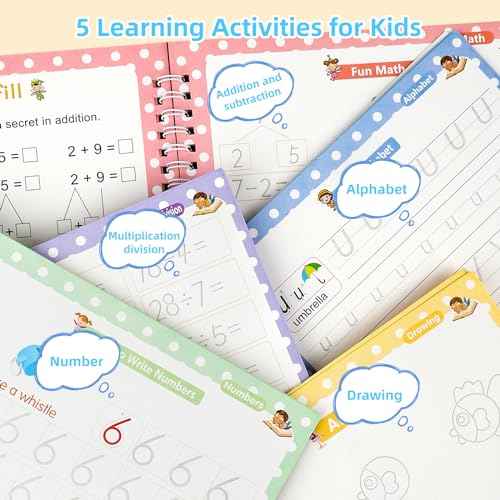 Large Handwriting Practice Books for Kids, Grooved Writing Book Magic Copybooks, Reusable Children's Writing Practice Workbook, Kindergarten Pre-School Essentials(Set of 5 Books)