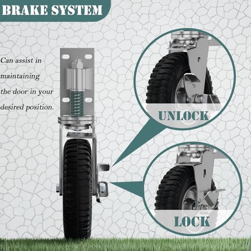 Gate Wheel with Brake, 8 Inch Wheel Diameter, 15.4 Inch Height, Suit for Metal Tube & Wooden Gates, 700lbs Capacity, Spring-Loaded Heavy Duty Rubber Casters, Silver