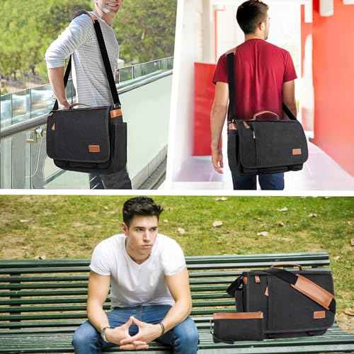ESTARER Mens Messenger Bag 17-17.3 Inch Laptop Bag Water-resistant Canvas, College/Work/Travel Computer Shoulder Bag with Pencil Case Pouch, Dark Grey