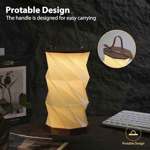Ba sus Wooden Rotating Table Lamp, Warm Light Design with Leather Handle, Long Press Dimming Function, Built-in Battery & USB Rechargeable, Adjustable Heights for Bedroom, Living Room, Camping