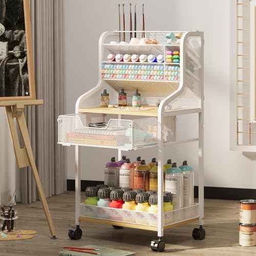 Small Rolling Craft Cart with Drawer, White Utility Art Cart, Metal Storage Cart with Lockable Wheels, 6 Tiers Paint Organizer for Art Supplies, Store for Brushes Paints Artifacts Small Parts