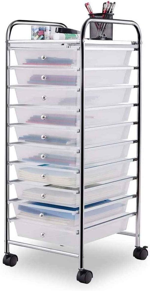HOMGX 10 Drawer Storage Organizer Cart, 10 Tiers Multicolor Storage Trolley, Storage Drawer Bin Carts, File & Debris Storage Mobile Cart, Rolling Organizer Cart for Office/School/Home