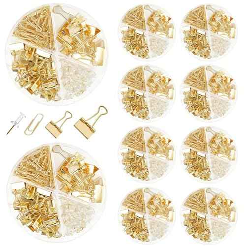 10 Pack, Gold Paper Clips and Binder Clips Set, Metal Assorted Sized Binders with Push Pins, Cute Gold Office Supplies for Desk, Desk Accessories