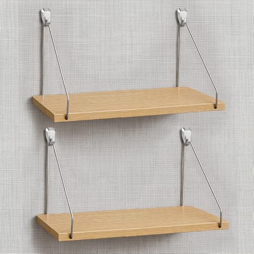 2 Pack Wooden Wall Shelf with Metal Hooks for Cubicle Office Storage - Quzzil