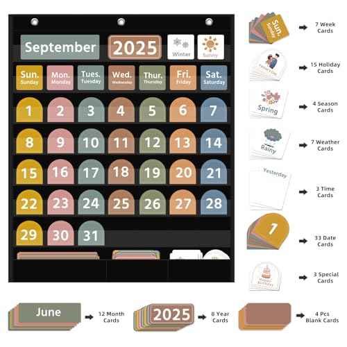 REGELETO Large Boho Calendar Pocket Chart with 96 Cards for Classroom, Size:32.25 x 24.125 inch Black Monthly Calendar and Weather Pocket Chart for Kids Learning for Home or Kindergarten.