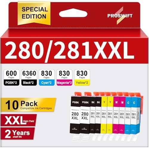 10 Pack 280 281 XXL Ink Cartridges Replacement for Canon PGI-280 281 Cartridge 280XXL 281XXL for Pixma TR8620a TR8620 TR8520 TR8600 TR7520 TS702a TS9520 TS9521C TS6120 TS6220 TS9120 TS6320 TS8220