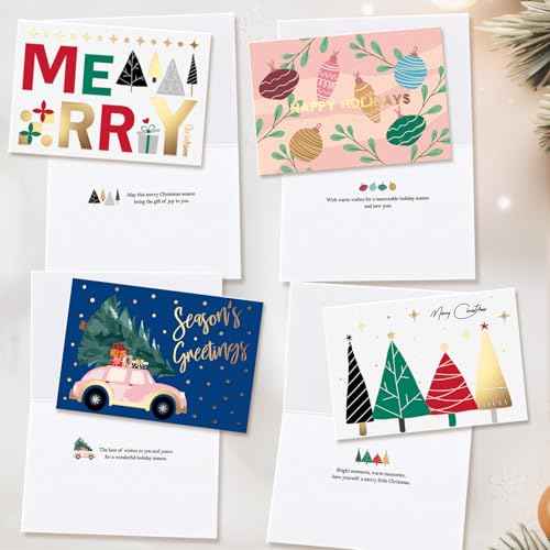 Christmas Cards with Envelopes (Foiled, Red & Green), 24 Gold Foil Holiday Cards Boxed with Non-religious Messages inside, Xmas Card Bulk for Coworkers, Family, Friends, Kids, 6"¡¿4" Folded