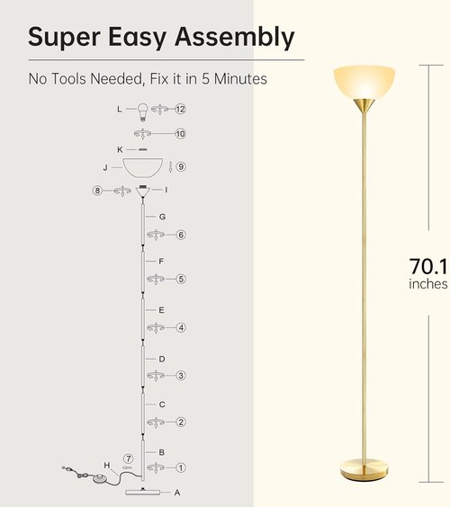 BoostArea 12W LED Floor Lamp - 70.1” Tall Torchiere with Eye-Caring Warm White Light | Perfect for Bedroom, Living Room, Office