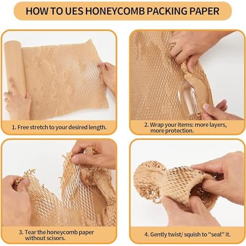 Honeycomb Packing Paper, 15"x300' Eco Friendly Packing Paper for Moving Recyclable Shipping Supplies Bubble Paper Wrapping Protective Roll, With 24 Fragile Sticker Labels