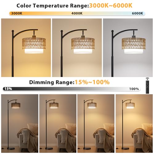 Ambimall Arc Floor Lamp for Living Room with Remote, Color Temperature & Brightness Adjustable, Boho Standing Lamp with Rattan & Fabric Double Drum Shades, Bulb Included(Black)