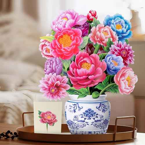 Airpark Pop Up Flower Card, 3D Paper Flowers Bouquet ? 14" Peony, Birthday, Mother¡¯s Day, Get Well Greeting Cards with Note Card & Envelope