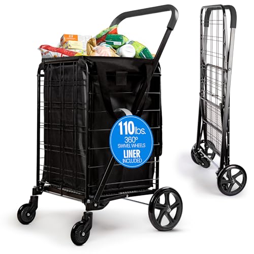 SereneLife Large Folding Utility Shopping Cart with Removable Liner – Black, 110 lb