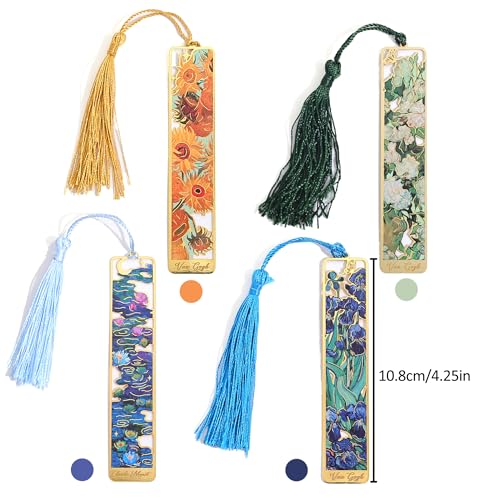 4 Pieces Golden Hollow Metal Bookmarks with Tassel - Oil Painting Theme, Flowers Variation for Book Lovers & Readers
