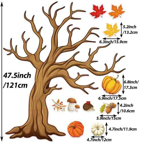 4Ft Big Tree Bulletin Board Set Spring Fall Summer Tree Bulletin Board Decoration with Maple Leaves Butterflies Pumpkins Cutouts for Classroom Home Chalkboard Wall Decoration, 74Pcs (Maple Leaves)