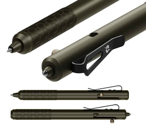 Off-Grid Knives BOLT Tactical Pen with Tungsten Carbide Glass Breaker, Overbuilt Bolt Action XL Writing Tool, Aircraft Aluminum, German Ink, Stainless Steel Clip (Camo Green)