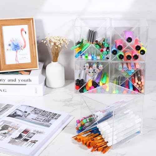 Kosiz 6 Pcs Back to School Stackable Pen Organizer 5.12 Inch Marker Pen Clear Holder Stackable Cube Organizer Removable Divider Acrylic Holder for Office Desk Desktop Storage