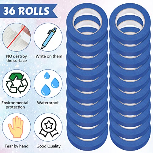 Fainne 36 Rolls Blue Painters Tape Bulk Multi Pack Safe Paint Paper Masking Tape for Wall Painting Decoration Supplies (Blue,1 Inch X 55 Yards)