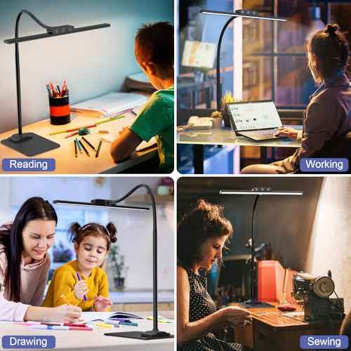 KableRika LED Desk Lamp with Base: Bright Desk Lights for Home Office - Eye Care Reading Table Lamps - Dimmable Desktop Lighting for Computer Monitor Study Drafting Black