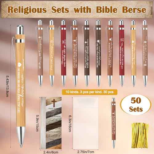 Spakon 50 Sets Father's Day Christian Gifts for Men Religious Bamboo Pens Bible Verse Bookmarks Engraved Brass Compass Bible Quotes for Dad Pastors Church Gifts Party Favors