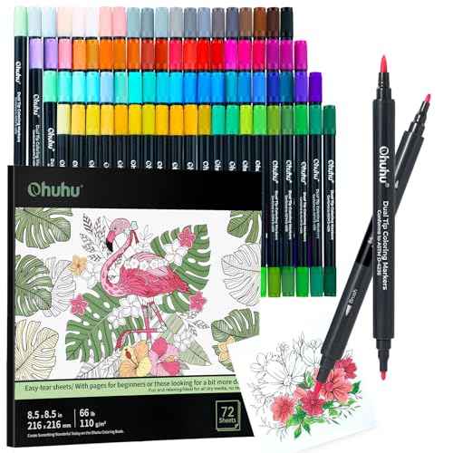 Ohuhu Markers Brush Tip 80-colors with 72-sheet Coloring Book - Double Tipped Markers for Adults Coloring Books - Art Marker Set Bundles with 100% Bleed-proof Pages - Fine & Brush Dual Tips