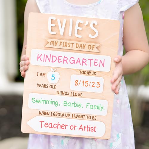 First & Last Day of School Sign - Personalized Name Chalkboard for Kindergarten & Preschool - 12x10 Inch Wooden Back to School Photo Prop