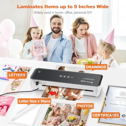 Bonsaii 9 Inch Laminator Machine Grey with 50 Laminating Sheets - Jam-Free
