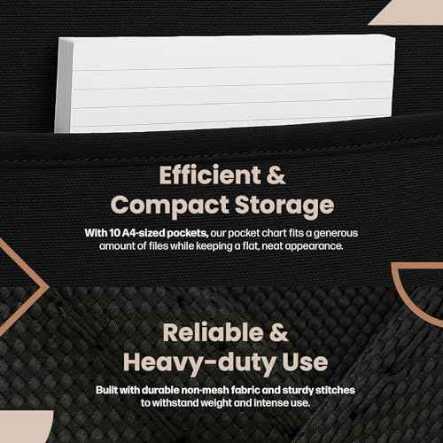 Black Pocket Chart for Classroom - 10 Pocket Storage Rainbow Pocket Charts , 3 Over Door Hangers Included, Hanging Wall File Organizer for File Folders, School Mailbox, Home/Office Papers