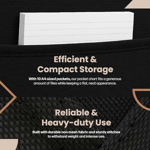 Black Pocket Chart for Classroom - 10 Pockets with 3 Over Door Hangers, Wall Organizer