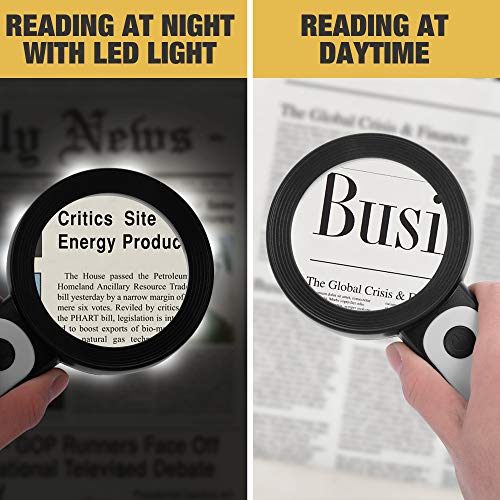 Black JMH Magnifying Glass with Light - Handheld LED Illuminated Loupe for Seniors, Coins, Jewelry, 3 Modes