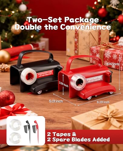 2-Pack Gift Wrapping Paper Cutter & Tape Dispenser Kit with Replaceable Blades