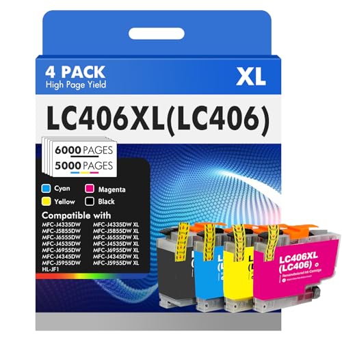 LC406 LC406XL Ink Cartridges for Brother Printer LC 406XL 406 XL for MFC-J4335DW MFC-J5855DW MFC-J6555DW MFC-J4535DW MFC-J6955DW MFC-J4345DW MFC-J5955DW - 4 Pack High Yields Black Cyan Magenta Yellow