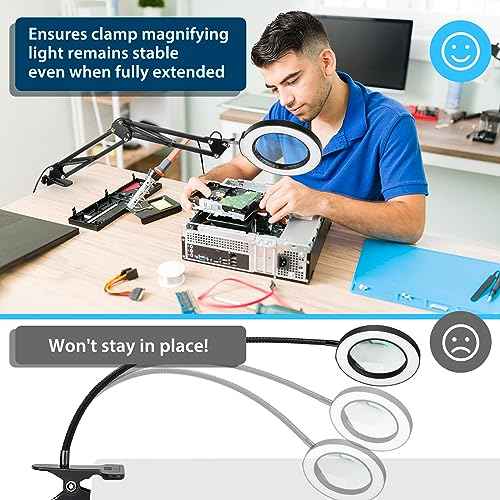 10X Magnifying Glass with Light and Clamp, 5 Color Modes Stepless Dimmable Real Glass Lighted Magnifier, Hands Free LED Magnifying Desk Lamp for Painting Craft Close Work Reading Repairing