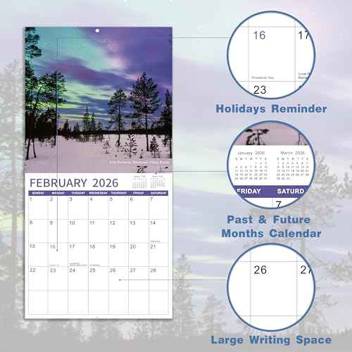 2026 Wall Calendar - Calendar 2026, Northern lights Calendar, January 2026 - December 2026, 12" x 24" (Open), 12 Months Wall Calendar 2026 with Hanging Holes, Large Blocks