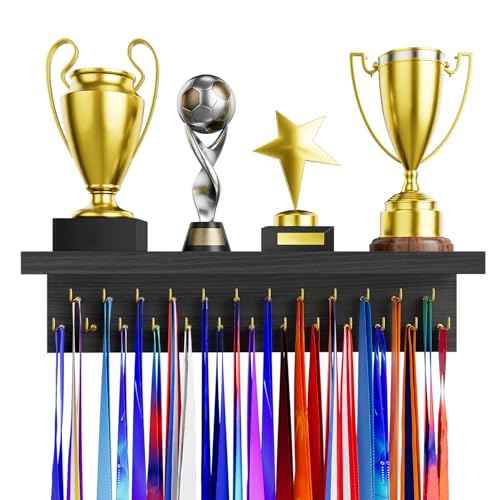 Medal Holder Display Trophy Shelf Organizer, Sturdy Wooden Race Award Hanger Rack with 25 Steel Hooks, Wall Mount Storage Stand for Sports Fans, Cheer Success