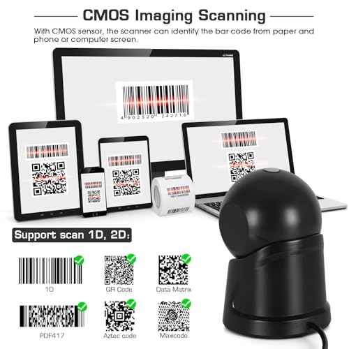 WoneNice Automatic Omnidirectional Desktop Barcode Scanner, USB Wired 1D 2D Barcode Scanner, Square QR Code Scanner, Handfree CMOS Image Bar Code Reader for Warehouse, Supermarket, Retail Store, Books