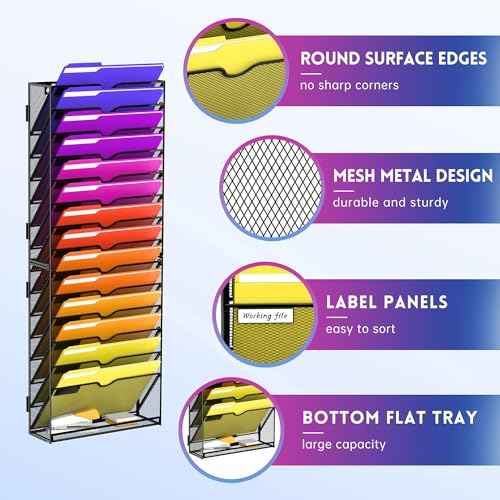 15-Tier Wall File Organizer, Hanging Wall File Holder for Papers, Folders, Magazines, Mesh Mail Holder Magazine Rack for Office Home Classroom, Black