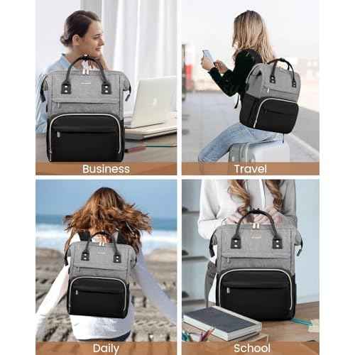 LOVEVOOK Laptop Backpack for Women Fashion Business Computer Backpacks Travel Bags Purse Doctor Nurse Work Backpack with USB Port, Fits 17-Inch Laptop Grey Black