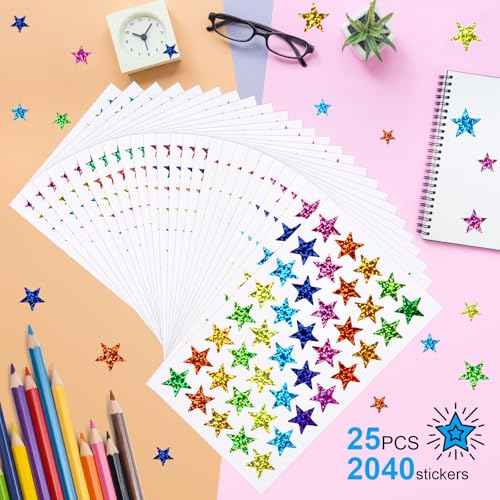 2040 Pcs Star Stickers, 5 Sizes Small Stars for Kids Reward, Sparkly Holographic Stickers, Glitter foil Stickers for Behavior Reward Chart and DIY Decoration