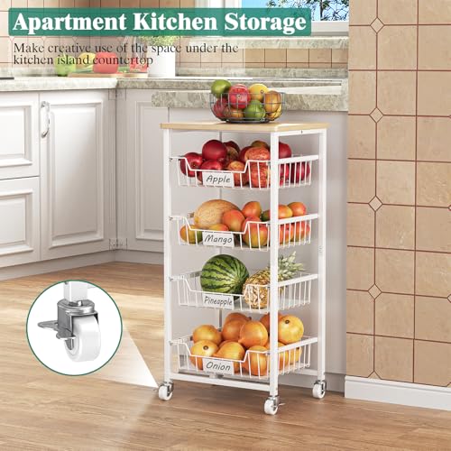 Fruit Vegetable Basket for Kitchen Pantry Storage Organizer, 5-Tier Metal Utility Kitchen Rolling Cart on Wheels with Drawer Rack and Wood Top for Potatoes Onions