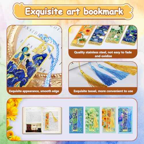 4pcs Metal Bookmarks with Tassel, Van Gogh Monet Oil Painting Theme Cute Book Markers for Reading Women, Book Lovers, Reading Accessories Gifts for Book Lovers
