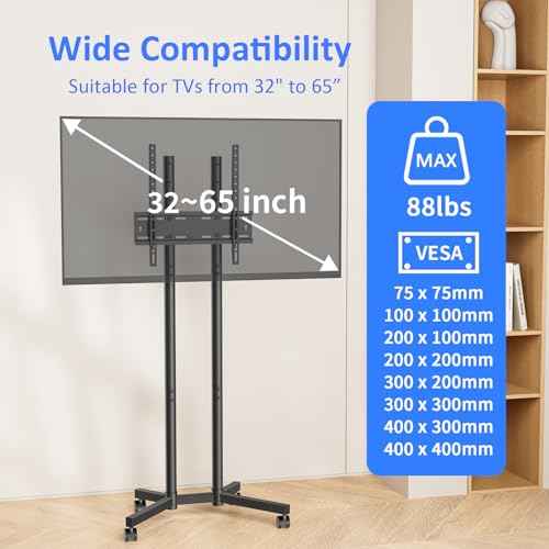 Rolling TV Stand for 32 to 65 inch TVs up to 88 lbs, Mobile TV Cart with Lockable Wheels, Height Adjustable, Max VESA 400x400mm, Portable Mobile TV Stand for Bedroom, Office, Outdoor, Black
