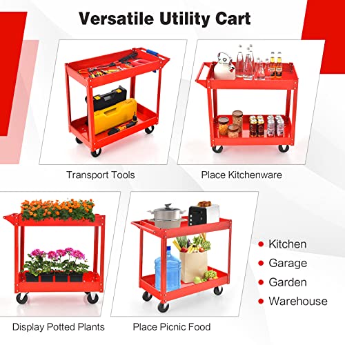 Goplus 2-Tier Utility Cart, Heavy Duty Commercial Service Tool Cart w/Handle, 220 lbs Max Support, Rolling Mechanic Metal Tool Cart Storage Organizer for Home, Garage, Warehouse