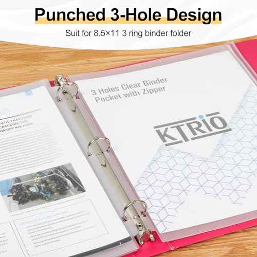 KTRIO Letter Size Binder Pockets 3 Ring Binder Zipper Pouch 12 Pack, 3 Holes Clear PVC Loose Leaf Bags 8.5"¡¿11" Document Folders for Business Office School Supplies