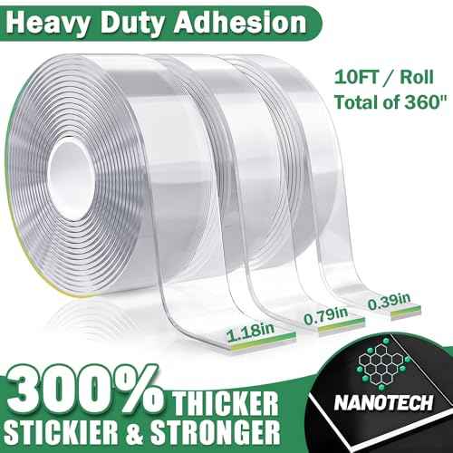 3 Rolls Double Sided Tape Heavy Duty, Extra Strong Nano Tape Double Sided Adhesive Strips, Clear Mounting Tape Removable Two Sided Adhesive Tape for Walls, Posters, Rug, Picture Hanging (Total 30 FT)